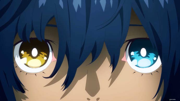 A close-up on the player character in Metaphor ReFantazio, showing their heterochromatic eyes - one blue, one yellow - framed by their floppy blue fringe of hair.