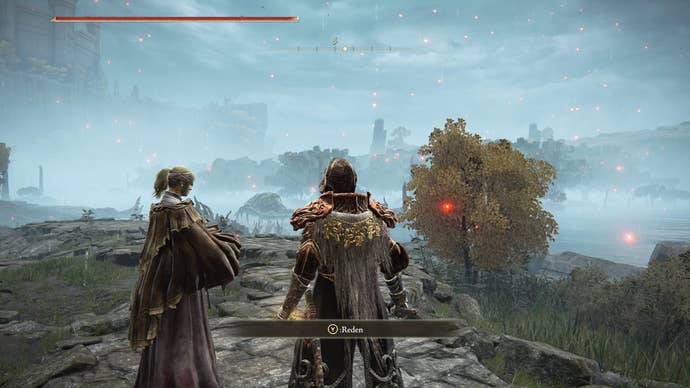 A warrior stands next to Hyetta on a cliff edge in Elden Ring