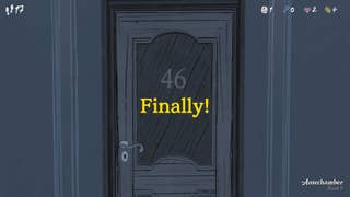 A Blue Prince screenshot showing a sketched door with the number 46 on it. Bertie has superimposed the words "Finally!" on it to reflect his torment finding the door in the first place.