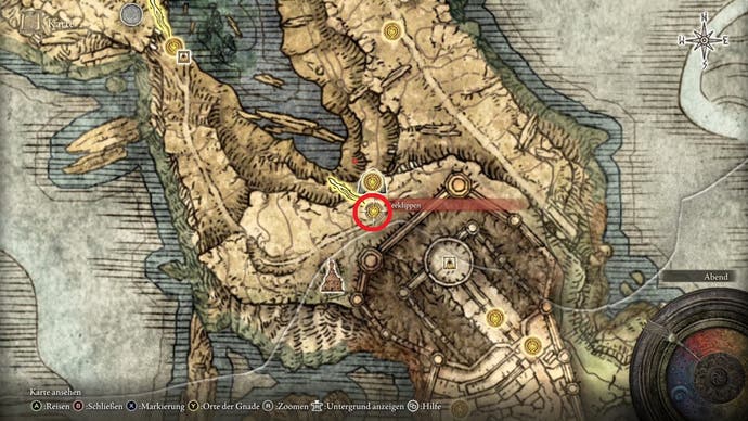 An overhead map screenshot showing the location of the Lake-Facing Cliffs site of grace in Elden Ring