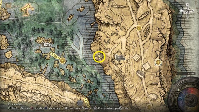 An overhead map screen showing the location of Hyetta in the Purified Ruins in Elden Ring, marked with a yellow circle
