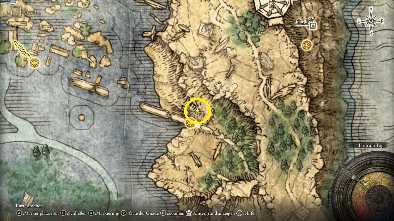An overhead map showing the Gate Town Bridge Site of Grace in Elden Ring