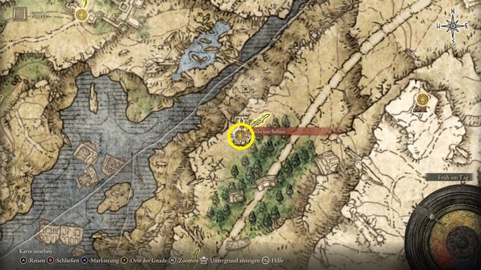 An overhead map showing the location of the Bellum Church in Elden Ring