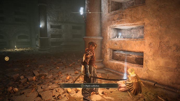 A warrior speaks to Hyetta in the catacombs of the Cathedral of the Forsaken in Elden Ring
