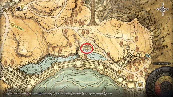 An overhead map of a moat in Elden Ring, with a red circle showing the location of the Dung Eater