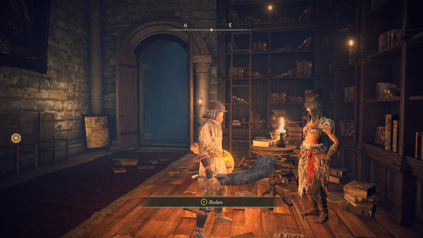 A warrior speaks to Nepheli Loux in the library of the Roundtable Hold in Elden Ring