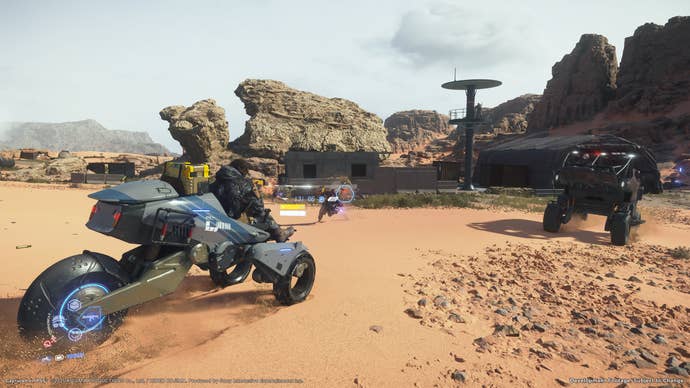 Death Stranding 2 screenshot showing Sam driving a tricycle vehicle towards enemies in a truck