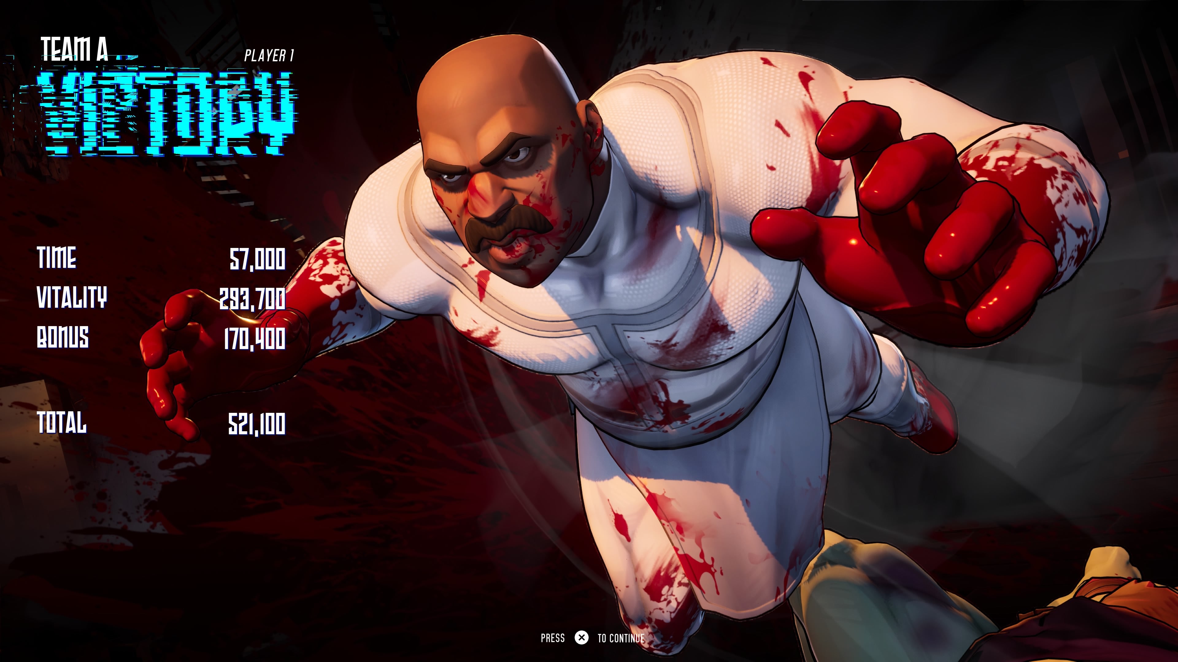 Invincible Vs character win screen, with bloody hands and stern look.