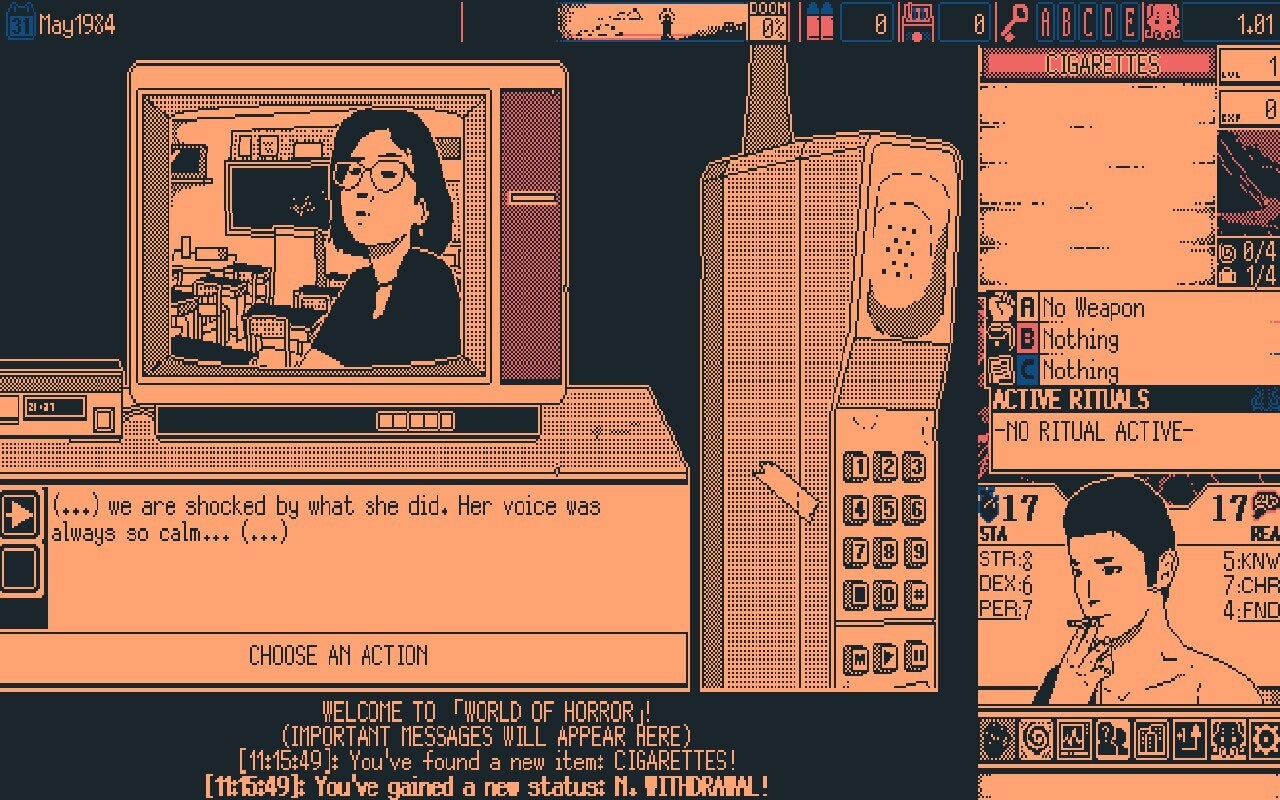 A screenshot from World of Horror showing a TV news report. A woman can be seen on the television screen, and the caption beneath reads, &ldquo;We are shocked by what she did. Her voice was always so calm."