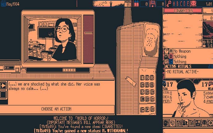 A screenshot from World of Horror showing a TV news report. A woman can be seen on the television screen, and the caption beneath reads, “We are shocked by what she did. Her voice was always so calm."