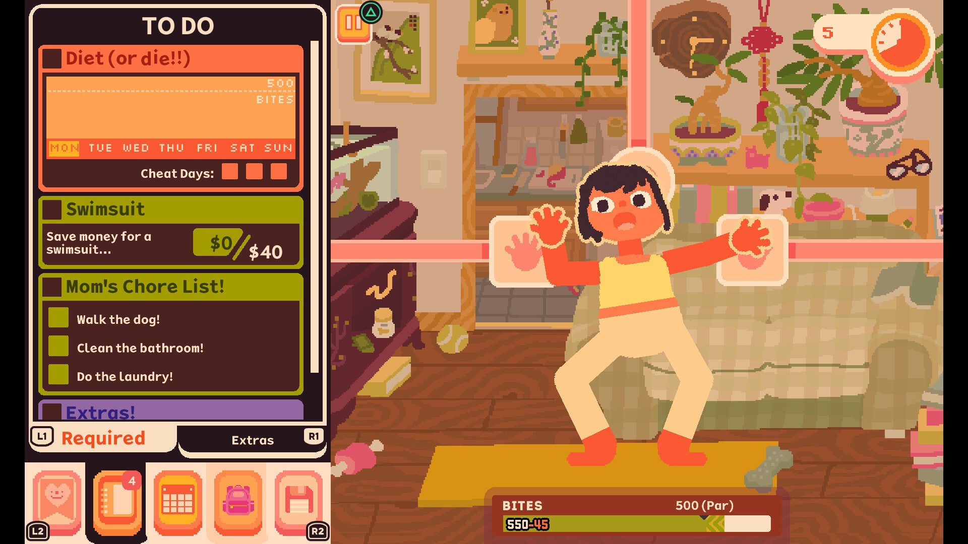 A colourful cartoon image of a girl floundering in her bedroom from a minigame in Consume Me, with a to-do list on the left. - 1