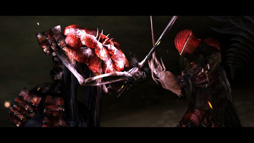 A mushroom warrior and a humanoid figure locking swords in Perennial Order