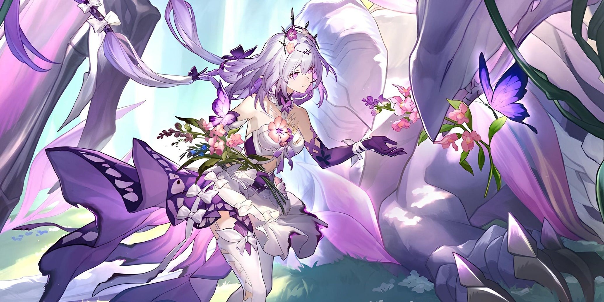 A sad-looking anime girl with lots of lavender skirts surrounded by plants and butterflies. There's a big dragon behind her. It's from Honkai: Star Rail. - 1