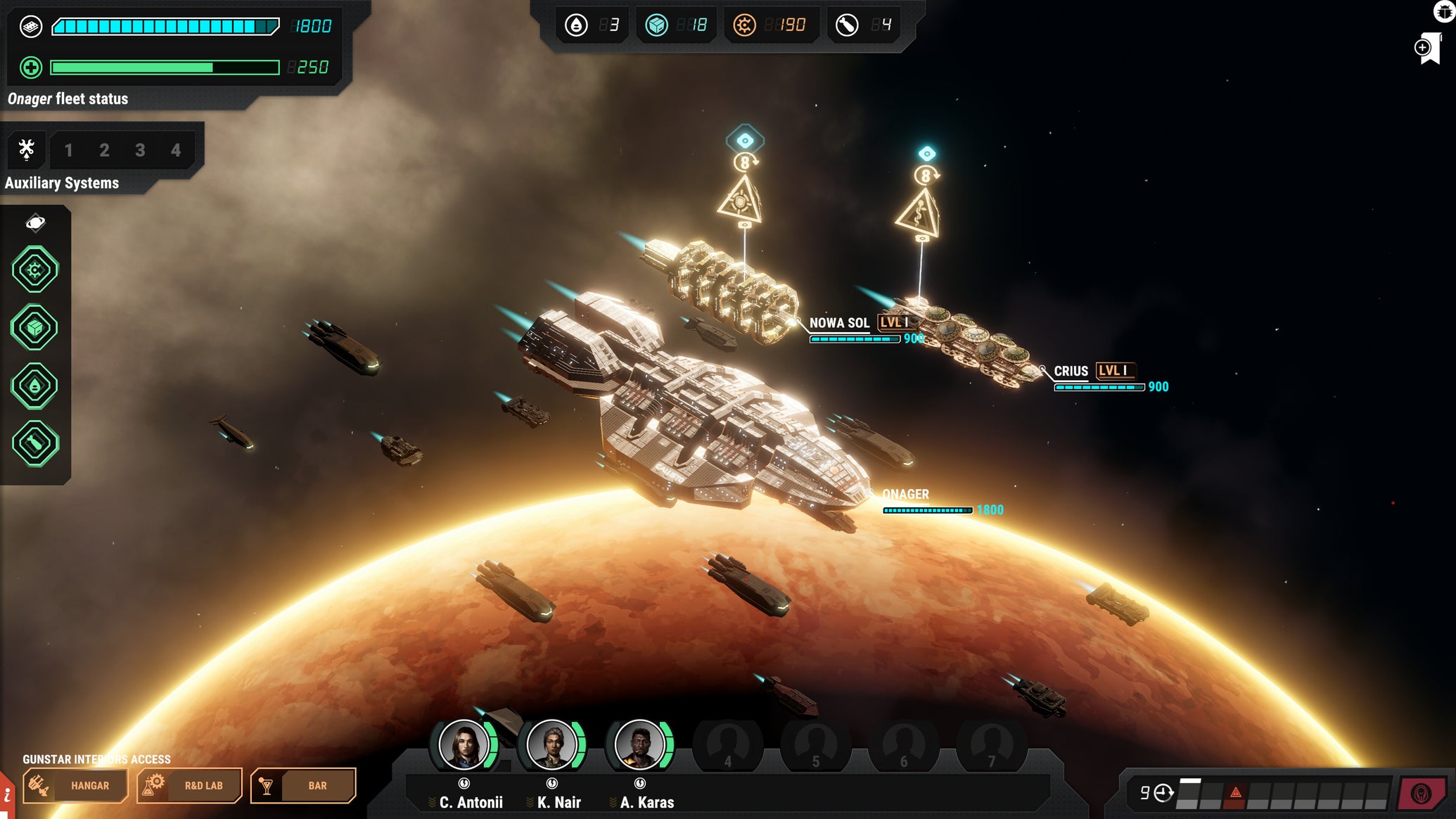 A fleet of Battlestar ships flying over a golden-fringed planet in Battlestar Galactica: Scattered Hopes. - 1