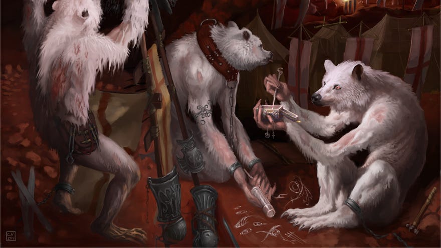 A bunch of eerie dog people sitting around tinkering with strange machines in promotional art for Caves Of Qud