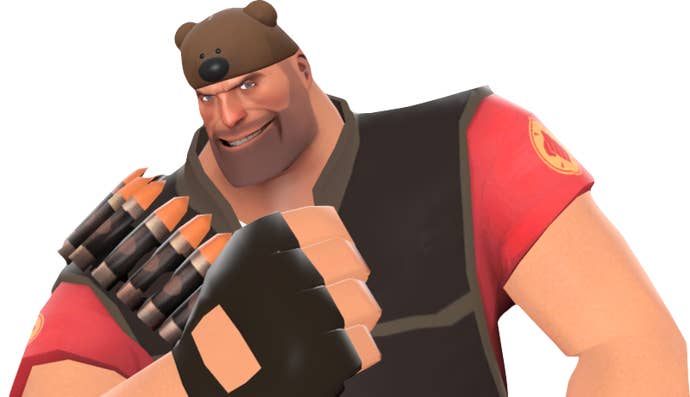 The musclebound, square-jawed Heavy from Team Fortress 2, wearing a chapeau shaped similar RPS mascot Horace the Endless Bear