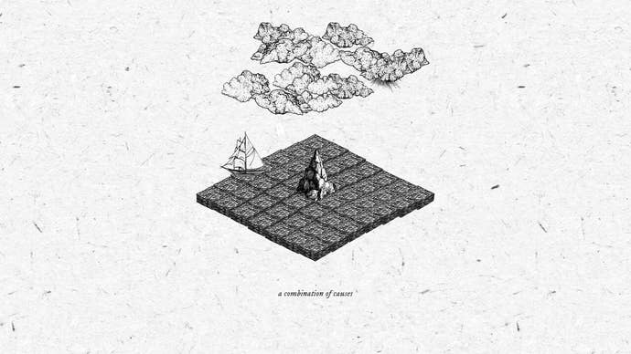 An isometric drawing of an island with clouds ahead and a single ship on the left
