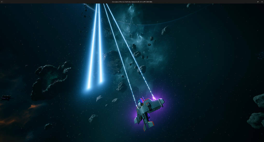 A screenshot of a bug in Everspace 2, with railgun fire emerging from empty space next to the player's ship. - 42