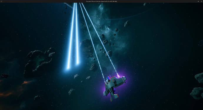 A screenshot of a bug in Everspace 2, with railgun fire emerging from empty space next to the player’s ship.