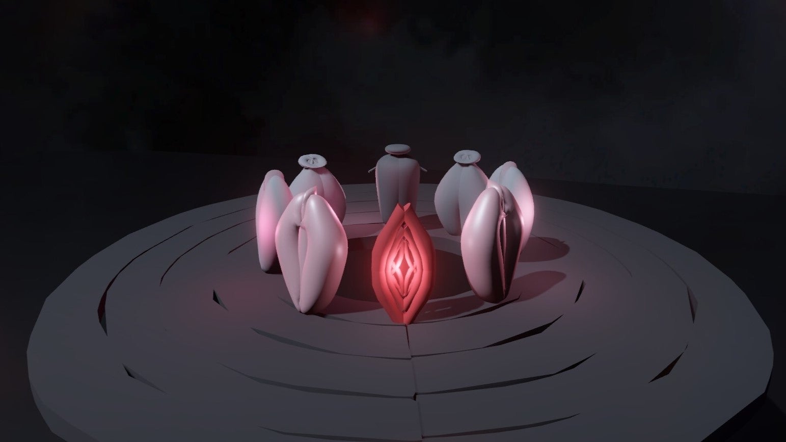 A circle of base-shaped white and glowing ed objects on a circular platform in I Don't Want To Be A Good Woman - 1