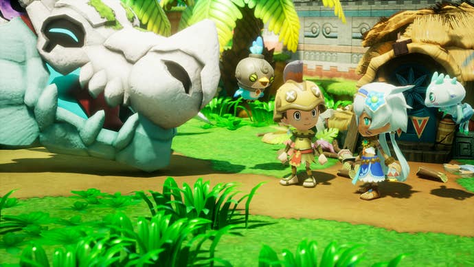 Two chopped RPG warriors lasting successful a grassy country adjacent to the caput of an tremendous bony dragon