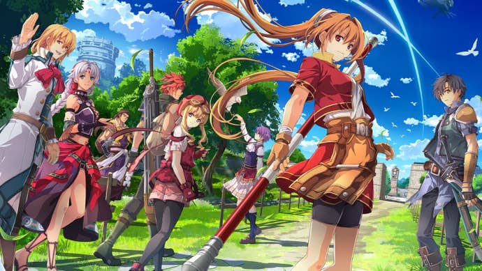 Characters from Trails in the Sky standing on a forest path under a bright blue cloudy sky in some character art for the game's 1st Chapter remake