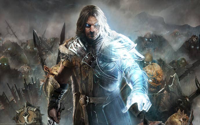 The main character of Middle-earth: Shadow Of Mordor in split human ranger and spirit form, with Orcs standing behind him.