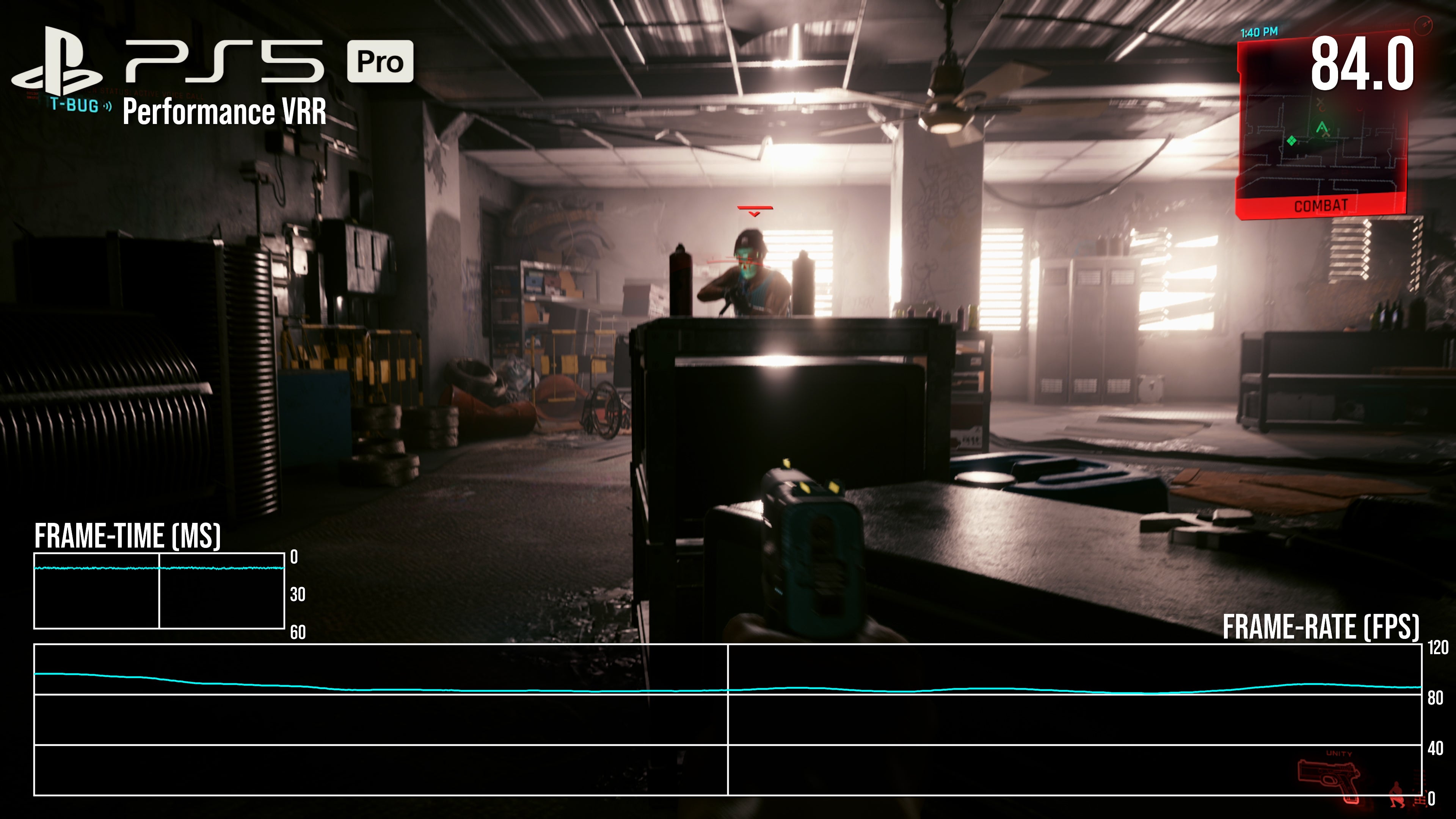 Performance improvements in Cyberpunk 2077 running in unlocked VRR mode on PlayStation 5 Pro.