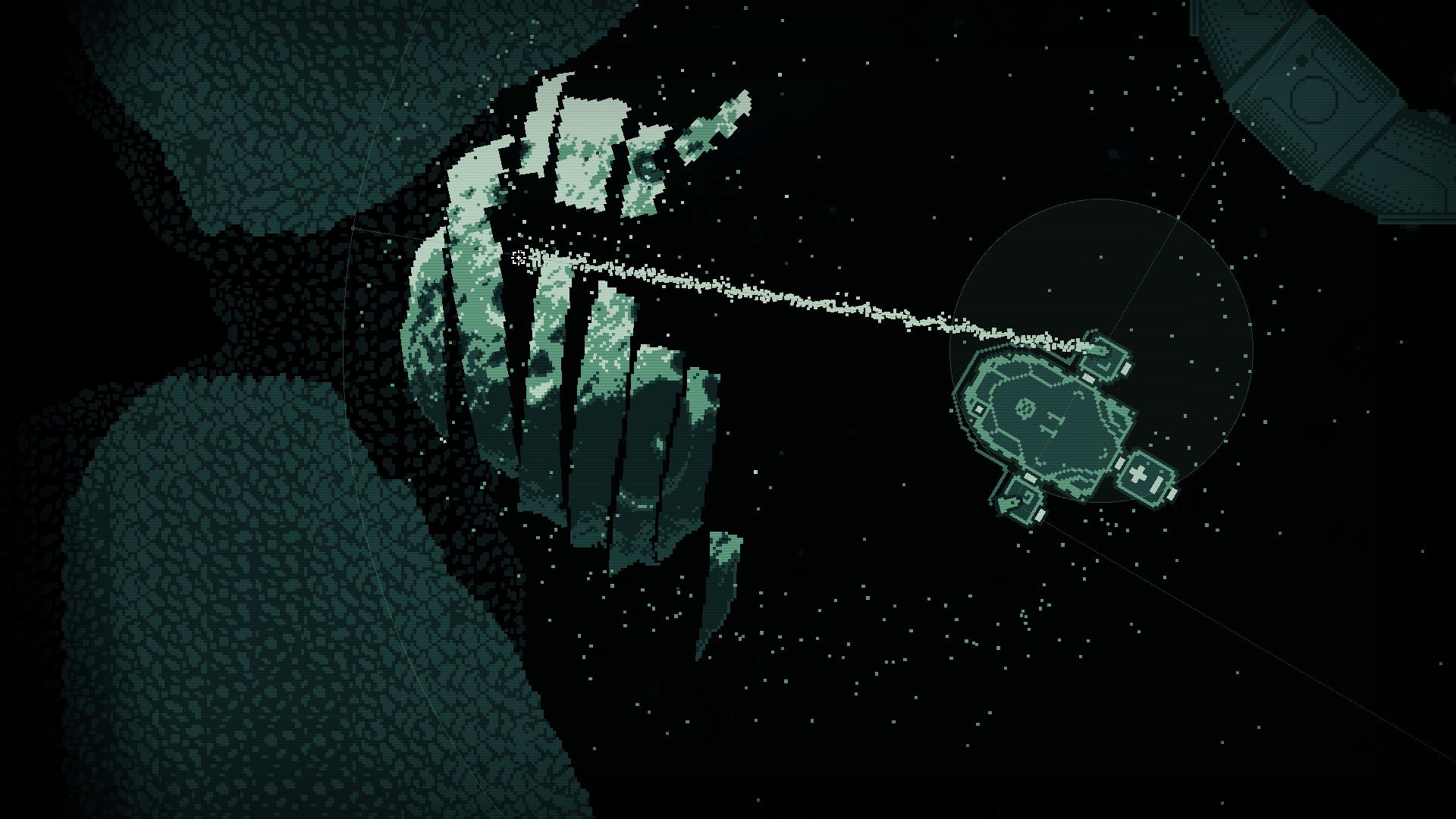 A top-down diagram-style view of a spaceship using lasers to blast through an asteroid field in Jitter. - 1