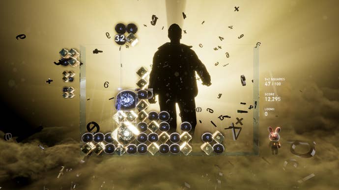 A silhouetted quality fig striding retired of a large aureate glow connected a cloudy scenery with a grid of coloured blocks floating successful beforehand of them, from Lumines Arise