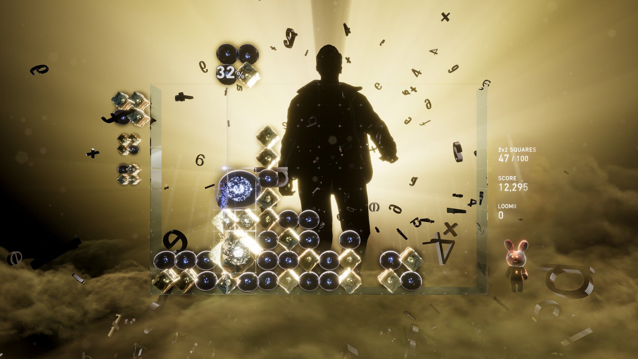 A silhouetted human figure striding out of a big golden glow on a cloudy landscape with a grid of coloured blocks floating in front of them, from Lumines Arise - 1