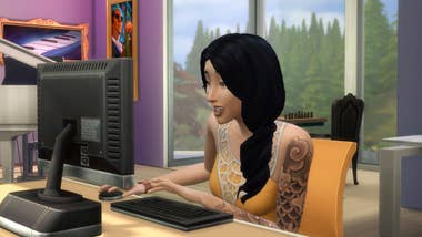 A black-haired pistillate utilizing a desktop machine successful The Sims 4 with trees done the model behind.