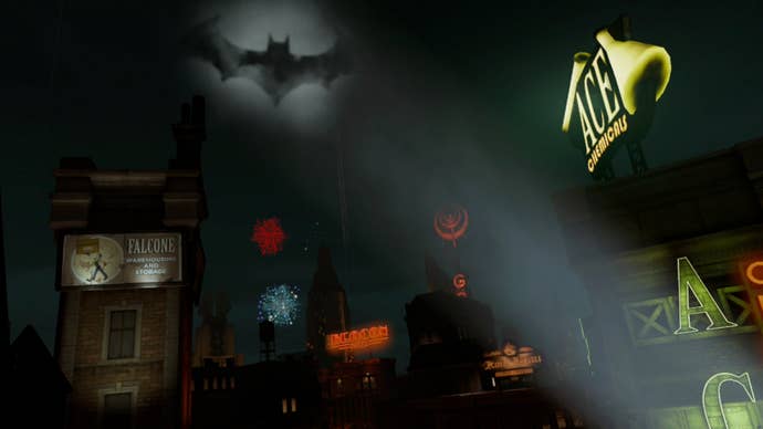 A view across the rooftops of Gotham that shows fireworks in the sky, bright neon signs and the signature Bat Signal shining on the clouds above.