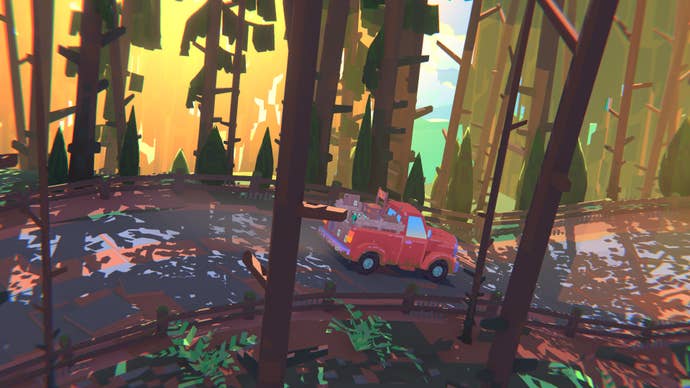 A red truck driving through tall forest trees at sunset in Truckful