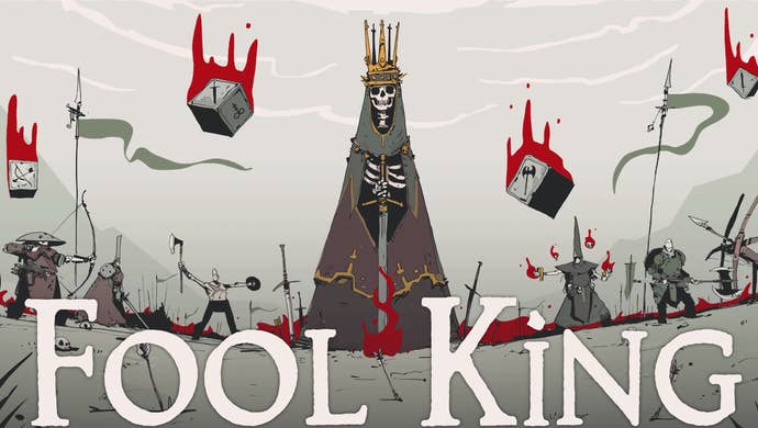 An illustration of a skeleton king with warriors lasting down him and flaming dice falling from the sky, from the crippled Fool King.