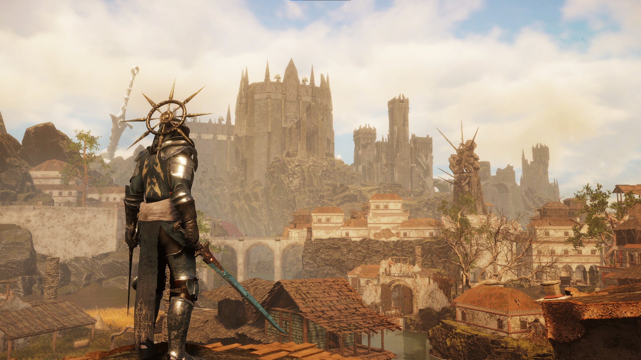 A soldier in armour with a spiky halo gazing out over a sunset medieval city, from Tainted Grail: The Fall Of Avalon. - 1