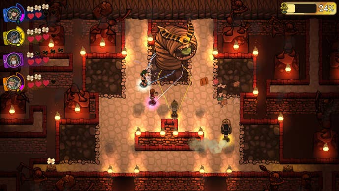 A group of Run From Mummies players standing around some kind of huge mythical tomb worm in a dungeon