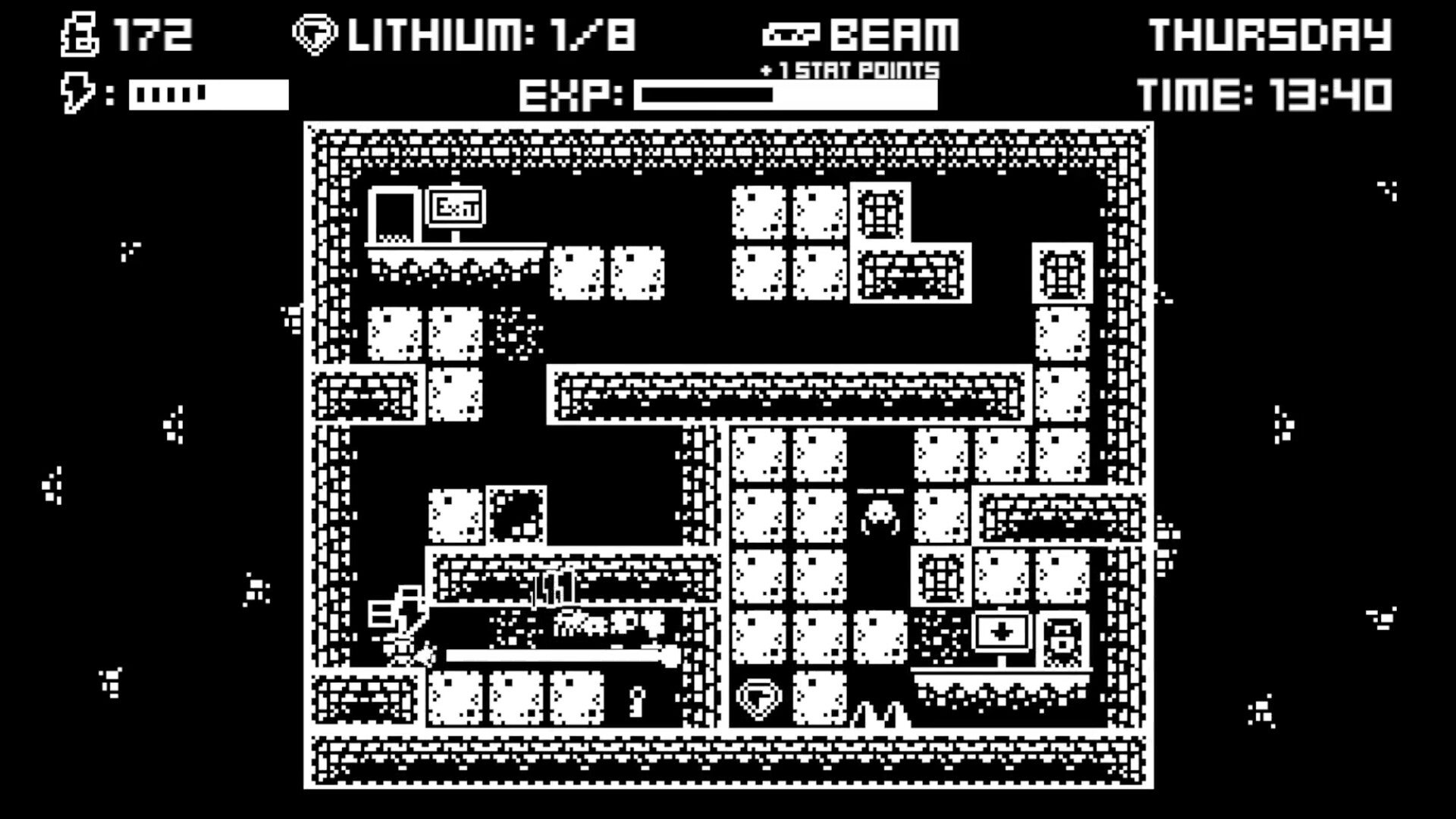 A monochrome block dungeon floor in Diggergun with gems, keys and doors - 1