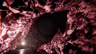 A view from the steering wheel of a flying boat, showing a tunnel of red fractals