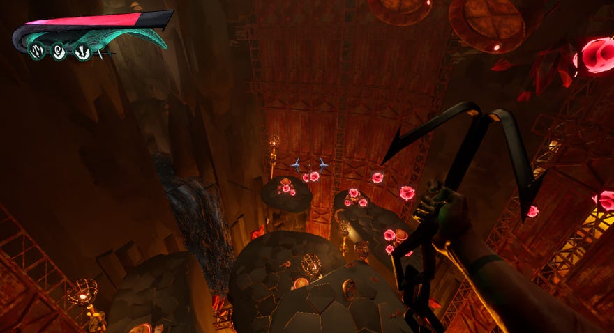 A first-person view of a red-lit chasm in Grimhook, with the player using a grappling hook in their right hand to descend