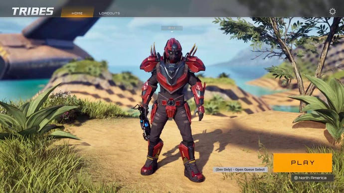A screengrab from a playtest of a new Tribes game, showing a player character in red armour on the lobby screen