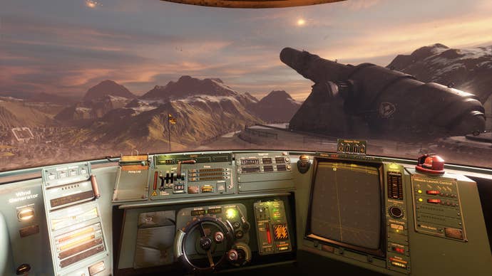 A cockpit with a view of a huge cannon pointing out over a valley in PVKK, a scifi simulation game