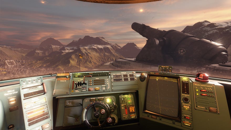 A cockpit with a view of a huge cannon pointing out over a valley in PVKK, a scifi simulation game