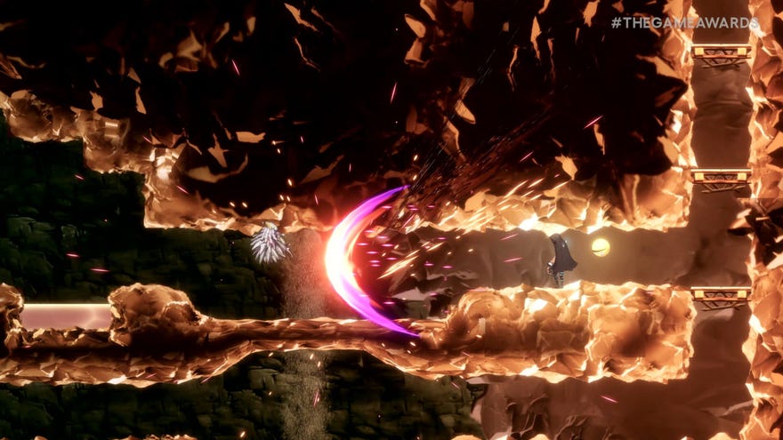 A swordsman and Pac-Man fighting through a 2D cave system in Shadow Labyrinth