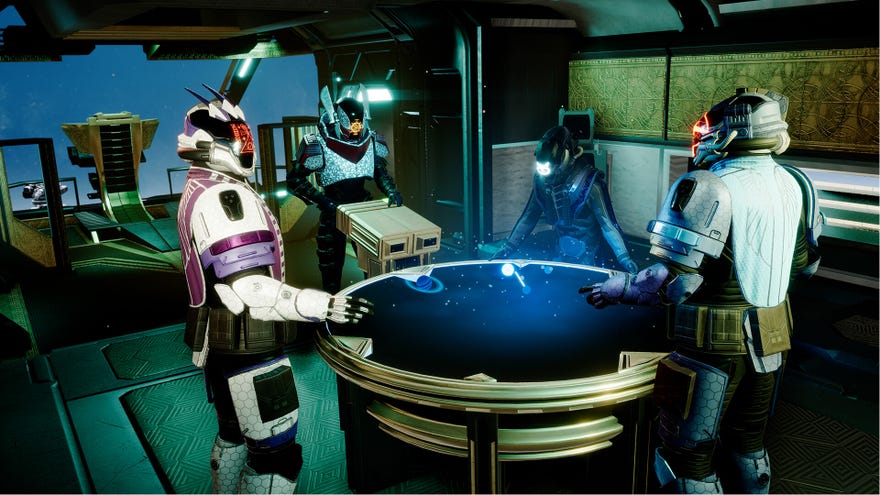 A screenshot of Void Crew, showing players grouped around a ship’s map table.
