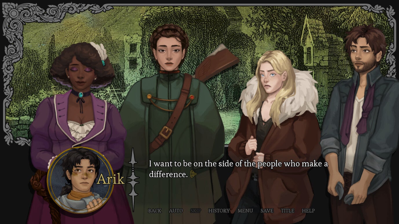 Four characters from visual novel Amarantus discussing a revolutionary plot - 3