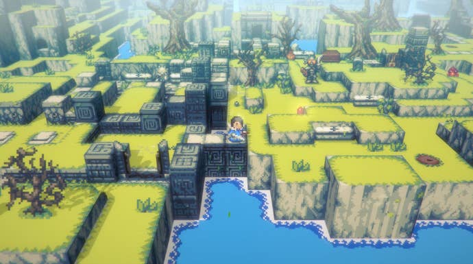 A screenshot of Jasper Byrne’s new action-RPG, showing a small 2D figure exploring a blocky coastine with monoliths and trees