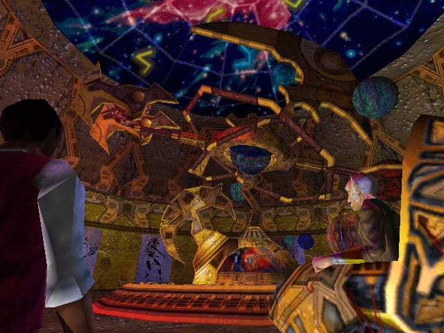 An orrery in The Elder Scrolls II: Daggerfall, with a stained glass ceiling and gold fittings.