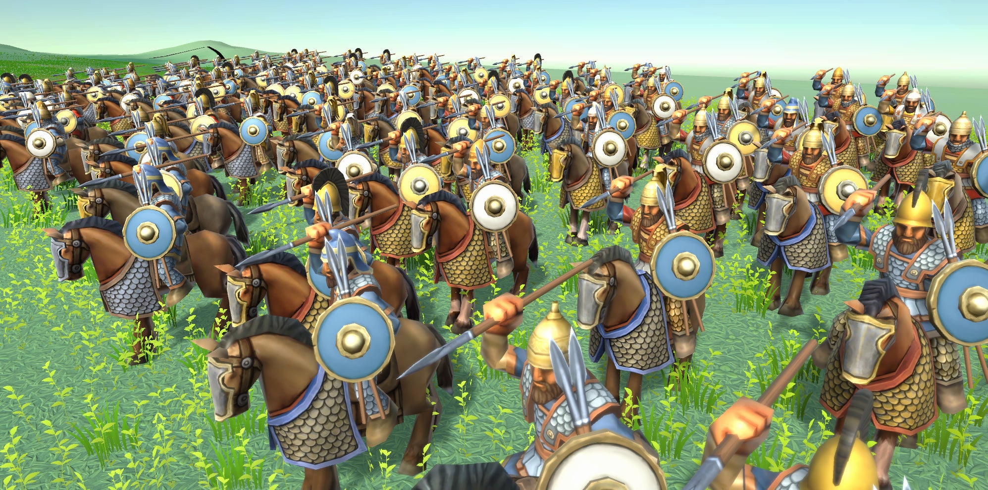 A bunch of cavalry soldiers with coloured circular shields from historical wargame Strategos - 1
