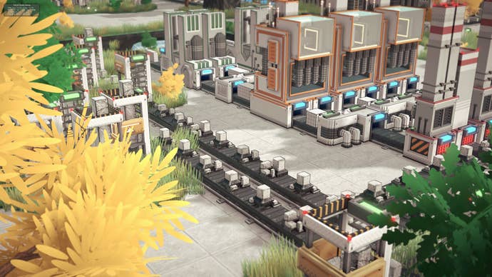 Gleaming white factory buildings and tidy conveyor belts seen through trees in Modulus